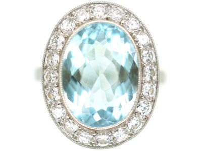 18ct White Gold, Aquamarine & Diamond Oval Cluster Ring