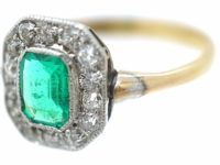 Art Deco 18ct Gold & Platinum, Emerald & Diamond Octagonal Shaped Ring