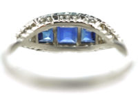 Art Deco Platinum, Three Stone Square Cut Sapphire & Diamond Boat Shaped Ring