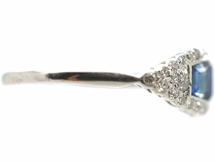 Art Deco Platinum, Three Stone Square Cut Sapphire & Diamond Boat Shaped Ring