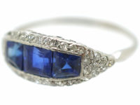 Art Deco Platinum, Three Stone Square Cut Sapphire & Diamond Boat Shaped Ring