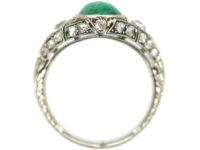 Art Deco Platinum Large Cabochon Emerald & Diamond Ring