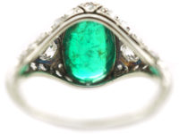 Art Deco Platinum Large Cabochon Emerald & Diamond Ring
