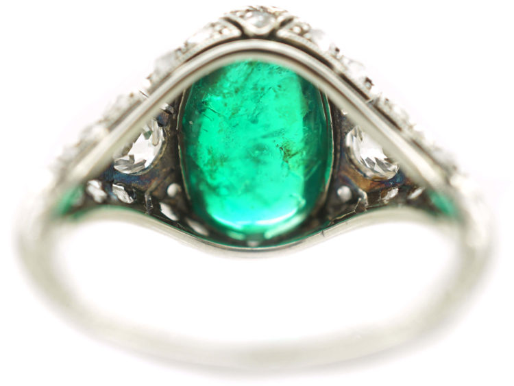 Art Deco Platinum Large Cabochon Emerald & Diamond Ring