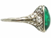 Art Deco Platinum Large Cabochon Emerald & Diamond Ring