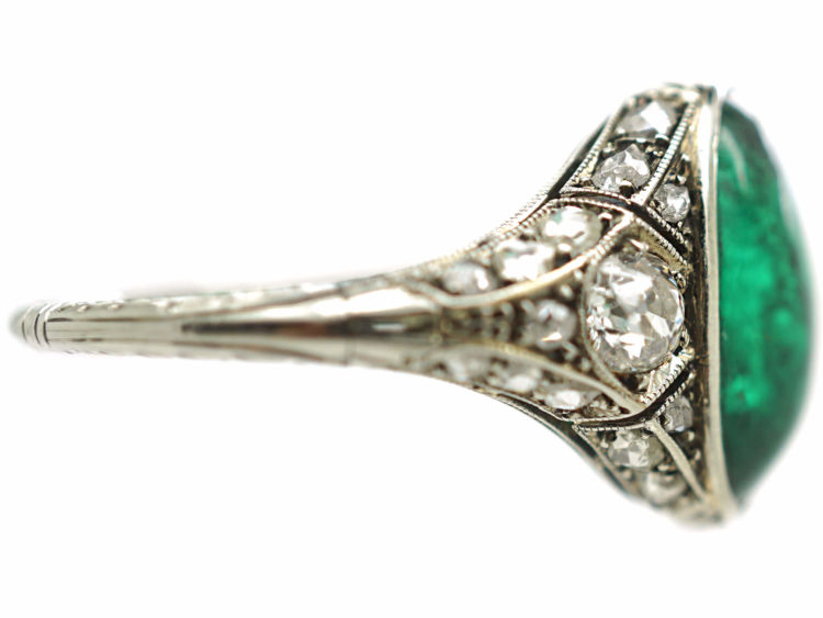 Art Deco Platinum Large Cabochon Emerald & Diamond Ring