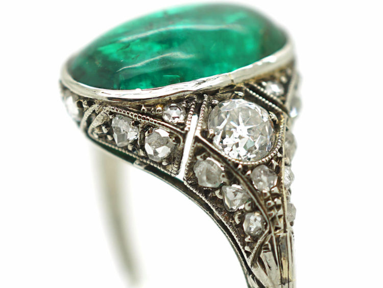 Art Deco Platinum Large Cabochon Emerald & Diamond Ring