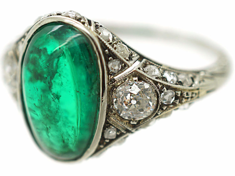 Art Deco Platinum Large Cabochon Emerald & Diamond Ring