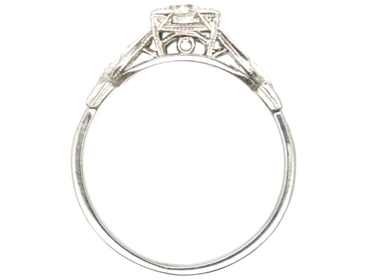 Art Deco Platinum Diamond Solitaire Ring with Diamond Set Pierced Shoulders