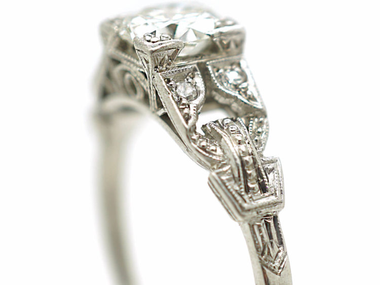 Art Deco Platinum Diamond Solitaire Ring with Diamond Set Pierced Shoulders