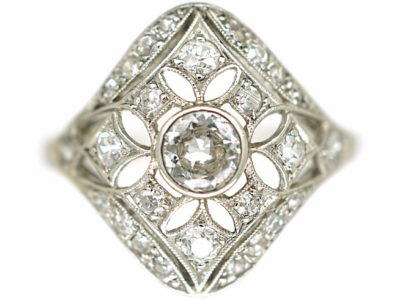 Art Deco French Platinum & Diamond Pierced Work Cluster Ring