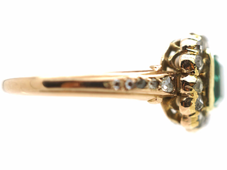 Edwardian 18ct Gold Square Cut Emerald & Rose Diamond Ring