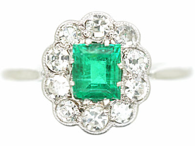 Edwardian 18ct White Gold & Platinum, Emerald & Diamond Cluster Ring