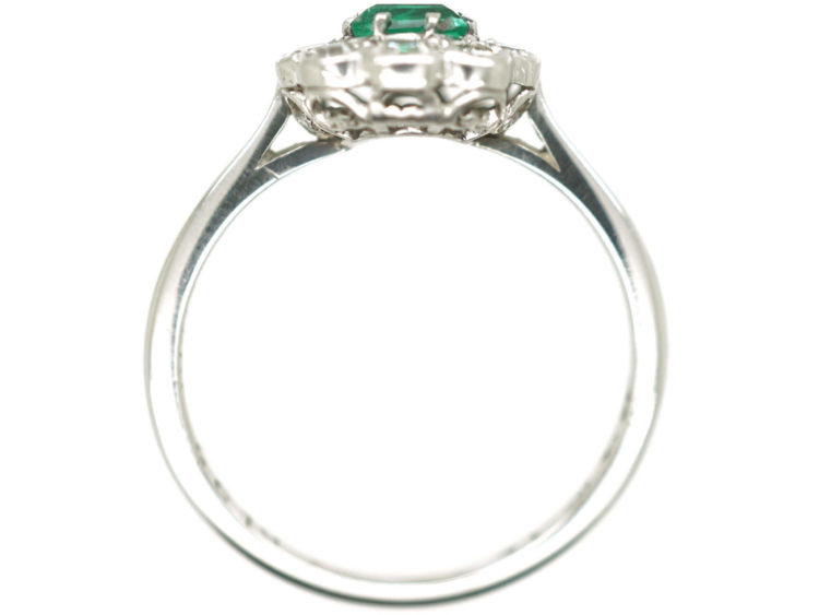 Edwardian 18ct White Gold & Platinum, Emerald & Diamond Cluster Ring