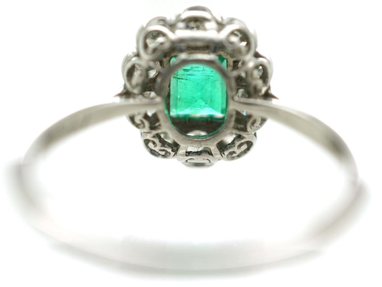 Edwardian 18ct White Gold & Platinum, Emerald & Diamond Cluster Ring