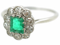 Edwardian 18ct White Gold & Platinum, Emerald & Diamond Cluster Ring
