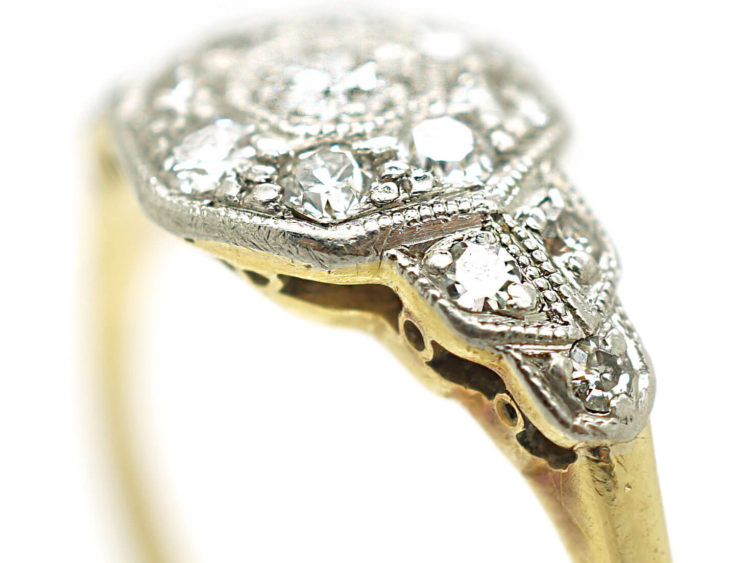 Edwardian 18ct Gold & Platinum Diamond Cluster Ring with Stepped Shoulders