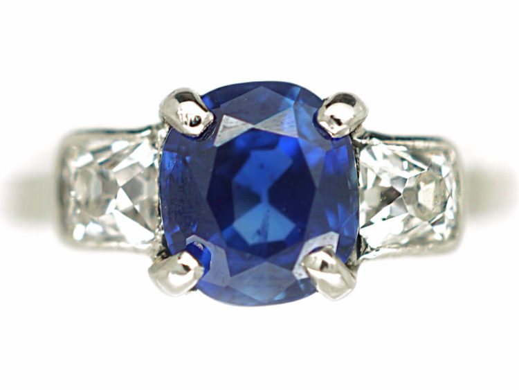 Art Deco Platinum Three Stone Sapphire & Diamond Ring