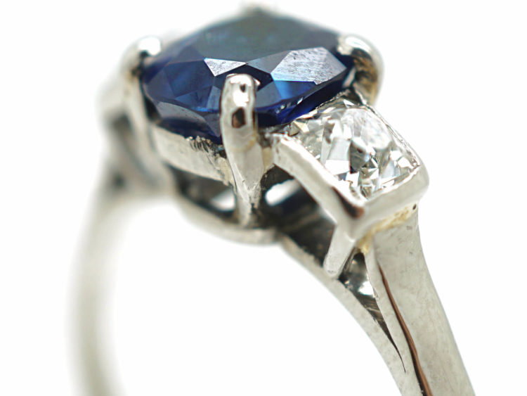 Art Deco Platinum Three Stone Sapphire & Diamond Ring