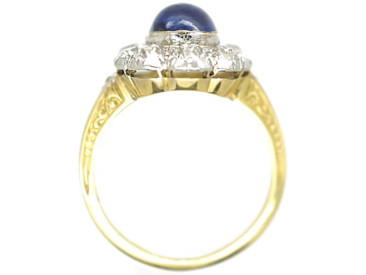 Edwardian 18ct Gold & Platinum Cabochon Sapphire & Diamond Cluster Ring