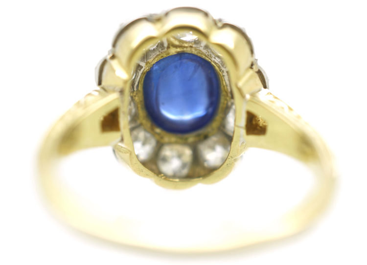 Edwardian 18ct Gold & Platinum Cabochon Sapphire & Diamond Cluster Ring