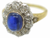 Edwardian 18ct Gold & Platinum Cabochon Sapphire & Diamond Cluster Ring