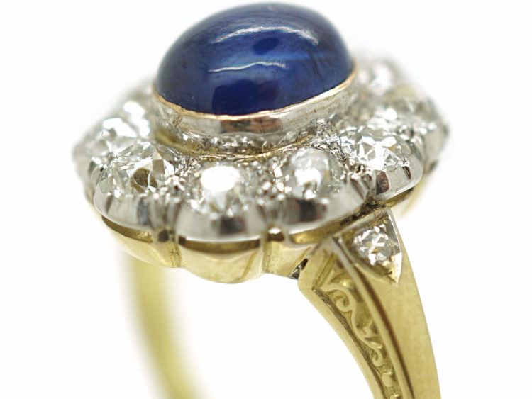 Edwardian 18ct Gold & Platinum Cabochon Sapphire & Diamond Cluster Ring