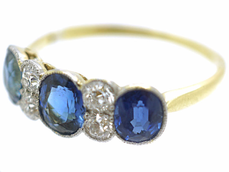 Art Deco 18ct Gold & Platinum, Three Stone Sapphire & Diamond Ring
