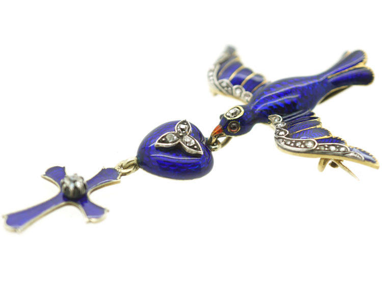 Georgian 18ct Gold Royal Blue Enamel & Diamond Dove of Peace Brooch & Pendant