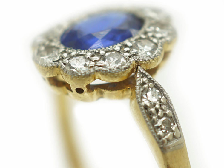 Edwardian Sapphire & Diamond Cluster Ring with Diamond Set Shoulders