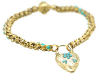 Regency 15ct Gold Bracelet with Forget me Not Heart Shaped Padlock set with Turquoise