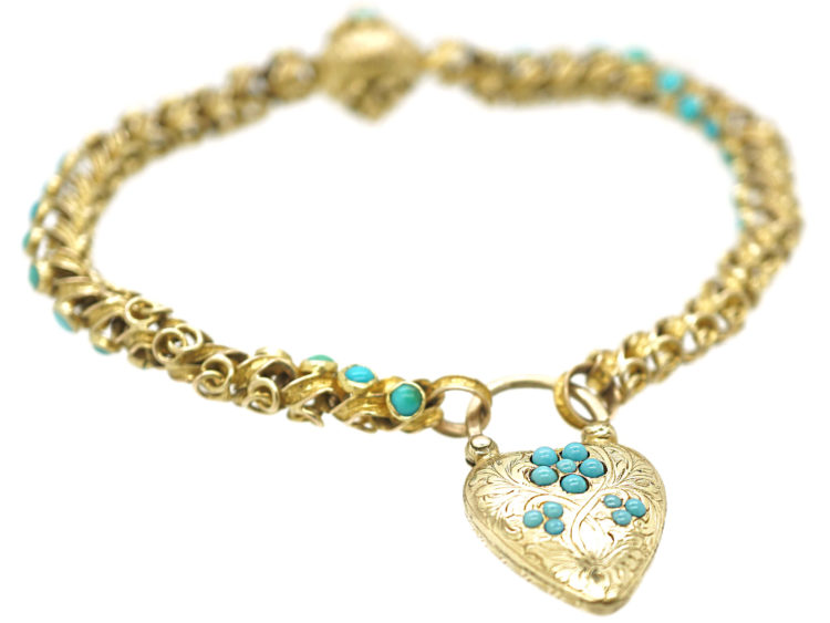 Regency 15ct Gold Bracelet with Forget me Not Heart Shaped Padlock set with Turquoise