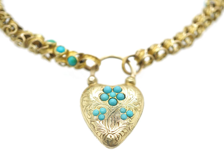 Regency 15ct Gold Bracelet with Forget me Not Heart Shaped Padlock set with Turquoise