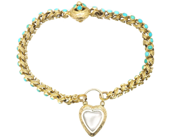 Regency 15ct Gold Bracelet with Forget me Not Heart Shaped Padlock set with Turquoise