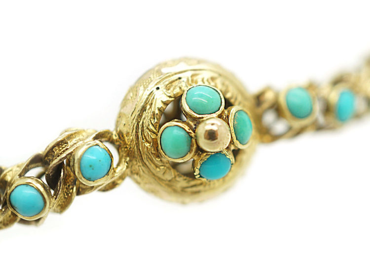 Regency 15ct Gold Bracelet with Forget me Not Heart Shaped Padlock set with Turquoise
