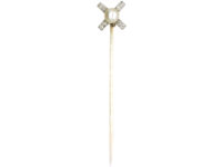 Art Deco 15ct Gold & Platinum Windmill Style Tie Pin set with Diamonds & a Natural Pearl