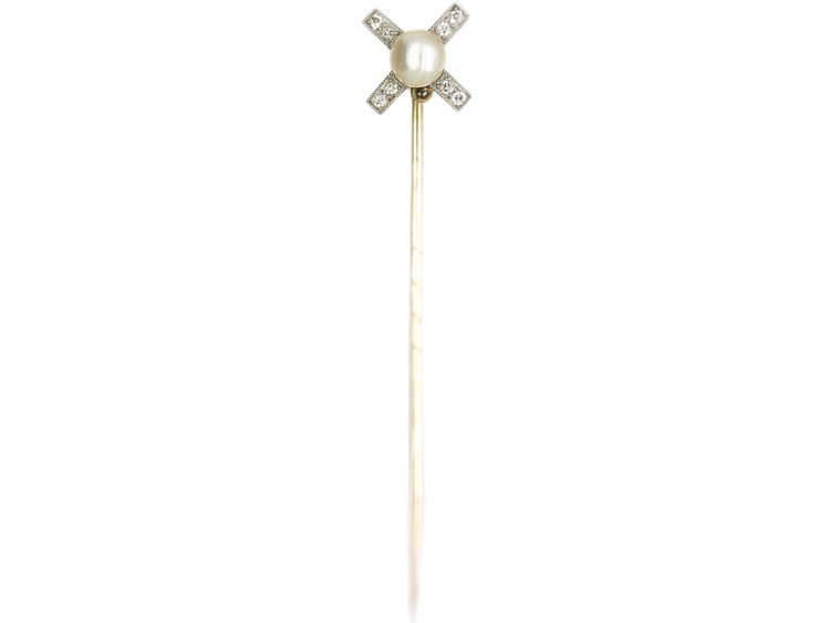 Art Deco 15ct Gold & Platinum Windmill Style Tie Pin set with Diamonds & a Natural Pearl