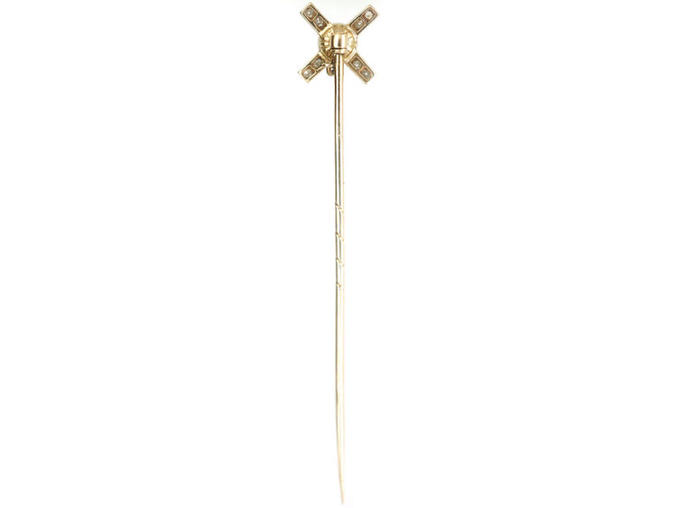 Art Deco 15ct Gold & Platinum Windmill Style Tie Pin set with Diamonds & a Natural Pearl