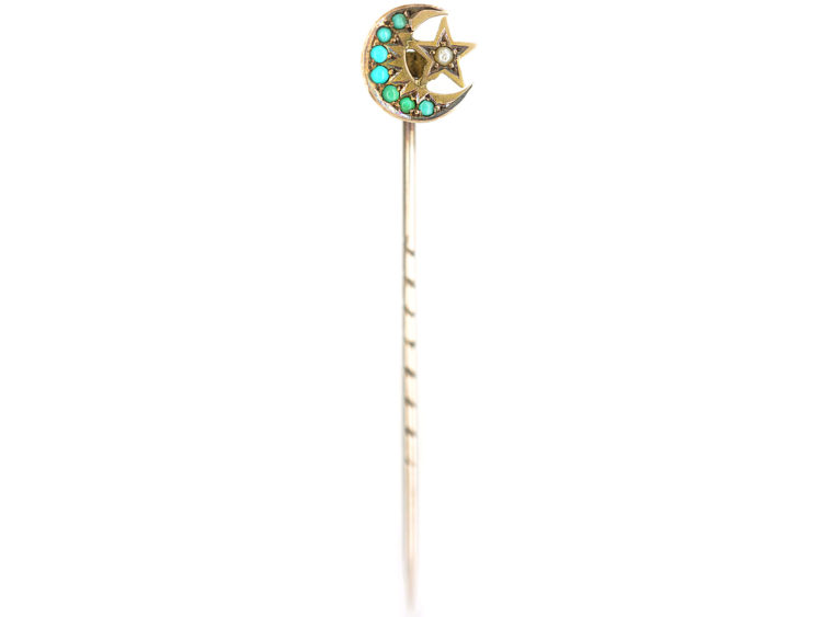 Edwardian 9ct Gold Moon & Star Tie Pin set with Turquoise & a Natural Split Pearl