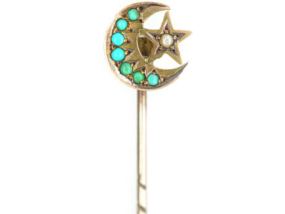 Edwardian 9ct Gold Moon & Star Tie Pin set with Turquoise & a Natural Split Pearl