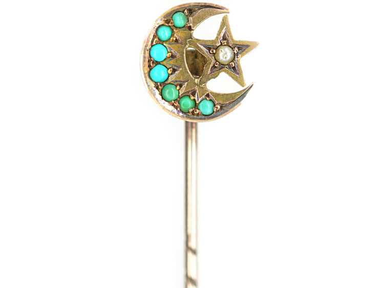 Edwardian 9ct Gold Moon & Star Tie Pin set with Turquoise & a Natural Split Pearl