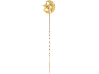 Edwardian 9ct Gold Moon & Star Tie Pin set with Turquoise & a Natural Split Pearl