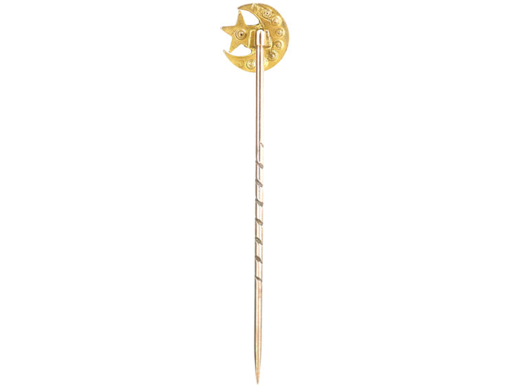 Edwardian 9ct Gold Moon & Star Tie Pin set with Turquoise & a Natural Split Pearl