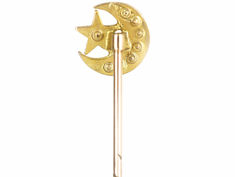 Edwardian 9ct Gold Moon & Star Tie Pin set with Turquoise & a Natural Split Pearl