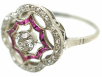 Art Deco Platinum, Ruby & Diamond Open Cluster Ring