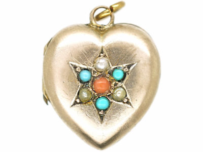 Edwardian 9ct Gold Back & Front Locket set with Coral, Turquoise & Natural Split Pearls