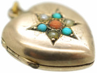 Edwardian 9ct Gold Back & Front Locket set with Coral, Turquoise & Natural Split Pearls