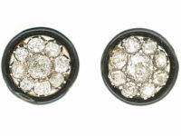 Art Deco 18ct Gold & Silver, Diamond Cluster Earrings with Black Enamel Surround
