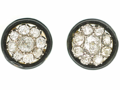 Art Deco 18ct Gold & Silver, Diamond Cluster Earrings with Black Enamel Surround