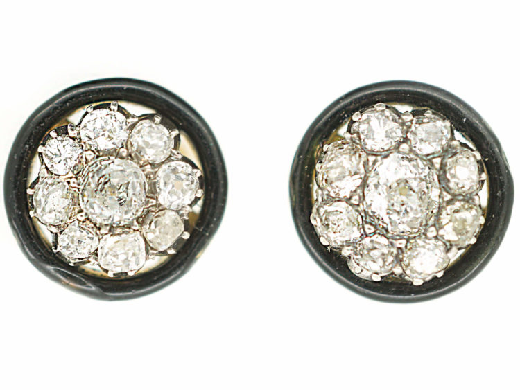 Art Deco 18ct Gold & Silver, Diamond Cluster Earrings with Black Enamel Surround